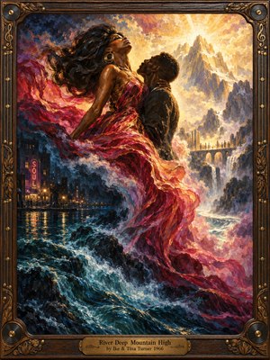 An impassioned couple rises above churning turquoise waters, wrapped in flowing crimson fabric beneath radiant golden mountains. A distant city glimmers through mist and storm clouds. Dramatic lighting, sweeping brushstrokes, and rich oil textures evoke soaring devotion within an ornate carved wooden frame adorned with musical motifs and bronze lettering.