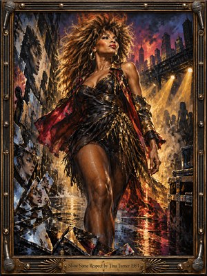 A commanding singer strides through a rain-soaked city stage, her windblown hair and crimson cape blazing beneath golden spotlights. Shattered mirrors reflect fragments of her face beside shadowy crowds and distant skyscrapers. Rich amber, violet, and black brushstrokes create a defiant, triumphant atmosphere within an ornate bronze musical frame.