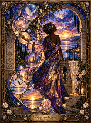 A graceful woman in a flowing violet gown gazes across a golden sunset from a stone terrace. An S-shaped cascade of luminous memory orbs reveals doves, flowers, clasped hands, and distant landscapes. Jewel-toned stained glass, glowing candles, and an ornate bronze frame evoke remembrance, resilience, and quiet hope.