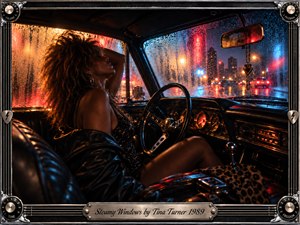 A glamorous woman reclines inside a vintage car, her tousled hair silhouetted against rain-streaked, misted windows. Amber and crimson streetlights mingle with electric blue city reflections, creating a sultry midnight atmosphere. Cinematic photography highlights chrome dashboard details, glossy leather, shimmering condensation, and an ornate metallic frame with an engraved title plate.