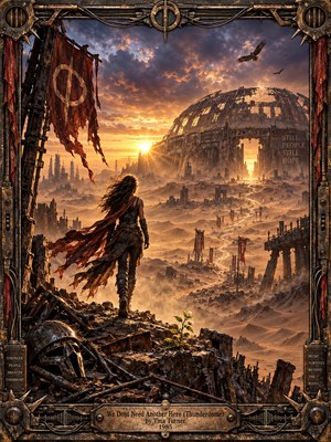 A lone, windblown traveler faces a shattered domed arena across a vast desert wasteland. Torn banners, rusted ruins, soaring birds, and a tiny flowering sprout suggest endurance and hope. Golden sunset rays pierce violet storm clouds, illuminating this dramatic, richly detailed digital painting within an ornate industrial metal frame.