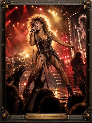 Tina Turner commands a smoky concert stage, singing fiercely beneath blazing amber and crimson spotlights. Her glittering black outfit and wild hair glow against shadowy musicians, while raised audience hands fill the foreground. Cinematic concert photography captures electrifying movement within an ornate bronze frame featuring guitar hardware and an engraved title plate.