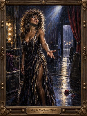 Under a cold spotlight, a glamorous singer reaches outward from a shadowy backstage corridor, her sequined gown shimmering against indigo walls. Rain glitters beyond an open doorway, while a fallen rose and warm vanity bulbs deepen the longing. Expressive oil brushwork and an ornate bronze musical frame evoke vulnerability and resilience.