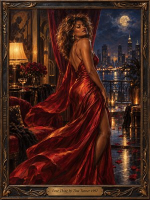A glamorous woman in a flowing crimson gown turns against a moonlit city skyline, her dress sweeping across a polished floor scattered with rose petals. Warm lamplight and cool blue shadows create sensual tension. Rich oil brushwork, velvet curtains, golden reflections, and an ornate bronze frame evoke romantic sophistication.