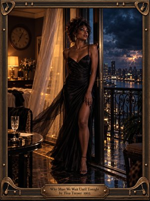 A glamorous woman in a flowing black gown pauses at a balcony doorway overlooking a glittering city. Warm amber lamplight contrasts with stormy midnight blues and distant lightning. Billowing curtains, a shadowed clock, and shimmering reflections evoke romantic anticipation. Cinematic photography is enclosed within an ornate bronze musical frame.
