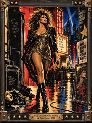 A fearless singer strides through a rain-soaked city street, her gold dress glittering beneath crimson neon and amber marquee lights. Discarded masks symbolize authenticity, while a mirror reflects her unchanging spirit. Bold screen-print textures, cobalt shadows, dramatic lighting, and an ornate metallic frame capture the rebellious energy of 1980s rock.