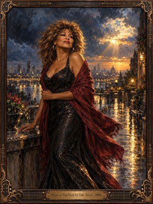 A poised singer in a shimmering black gown and windswept crimson shawl overlooks a rainlit city at dusk. Golden sunlight breaks through storm clouds, illuminating bridges, wet stone, and distant towers. Rich oil brushwork blends midnight blues with amber reflections, while an ornate bronze-trimmed musical frame conveys timeless warmth and strength.