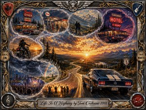 A sweeping mountain highway glows beneath a fiery sunset, surrounded by dreamlike road-trip vignettes of diners, motels, motorcycles, city lights, storms, and celebration. Rich amber, cobalt, violet, and chrome tones create an adventurous, nostalgic mood. Painterly textures, musical motifs, and an ornate rock-themed metallic frame complete the cinematic composition.