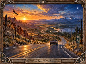 A lone pickup travels a winding mountain highway beneath a dramatic sunset, surrounded by rugged cliffs, forests, lakes, and distant snowy peaks. Warm gold and orange light contrast with deep blue storm clouds, creating an adventurous, reflective mood. Rich painterly textures, wet pavement reflections, and the handcrafted musical frame emphasize movement and freedom.