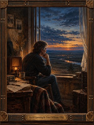 A thoughtful man sits beside a glowing vintage radio, gazing through an open window toward a winding river at sunset. Warm amber light illuminates handwritten pages and rustic furniture, contrasting with deep blue evening clouds. Rich oil brushwork, an ornate guitar-string frame, and engraved brass plate evoke quiet reflection and nostalgia.