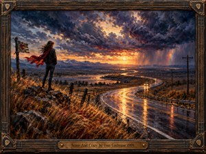 A lone traveler stands above a winding, rain-soaked highway beneath towering storm clouds. A crimson scarf whips through the wind as golden sunset light illuminates distant mountains and reflective pavement. Richly textured oil brushstrokes capture courage, uncertainty, and freedom, enclosed within a weathered wooden frame adorned with guitar strings and bronze.