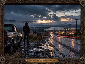 A solitary traveler stands beside a weathered pickup overlooking a rain-soaked highway winding toward distant town lights. Storm clouds gather above misty hills and dark waters, while amber reflections illuminate wet pavement. Cinematic photography captures restless longing and quiet determination, enclosed within a rugged wooden frame with brass accents.