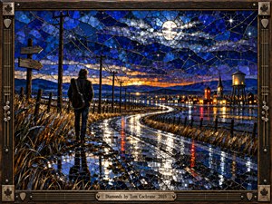 A lone traveler carrying a guitar case stands beside a winding, rain-slick road leading toward a warmly illuminated town. Deep cobalt stained glass and silver mosaic fragments shimmer beneath a luminous moon. Golden grasses, telephone poles, and crystalline reflections create a hopeful, contemplative atmosphere, enclosed within an ornate guitar-inspired frame.