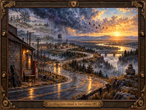 An S-shaped rain-slick road winds past a weathered roadside cabin toward a glowing town and misty river valley. A lone vehicle approaches beneath brooding violet storm clouds breaking into golden sunset. Textured oil brushwork, reflective pavement, distant birds, and an ornate guitar-inspired bronze frame evoke nostalgia, resilience, and renewal.