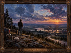 A solitary traveler overlooks a winding highway and distant town glowing beneath a dramatic sunset. Ghostly faces emerge from swirling violet clouds, suggesting reflection and uncertainty. Rich oil brushstrokes blend golden light with deep blue shadows. An ornate wooden frame features guitar hardware, maple leaves, and an engraved bronze title plate.