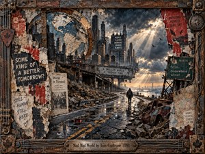 A lone traveler walks a cracked, rain-soaked road toward a ruined city beneath storm clouds and piercing sunlight. Torn posters, faded maps, headlines, and a fractured globe suggest global turmoil. Rust reds, smoky grays, and muted blues enrich this gritty mixed-media collage, surrounded by a weathered, guitar-inspired wooden frame.
