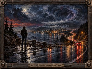 A lone figure overlooks a rain-soaked highway winding toward a glowing city beneath turbulent moonlit clouds. Crimson taillights streak across reflective pavement, contrasting with deep blue mountains and amber city lights. Thick, expressive oil brushstrokes evoke restless longing, while a weathered guitar-inspired frame encloses the brooding nocturnal scene.