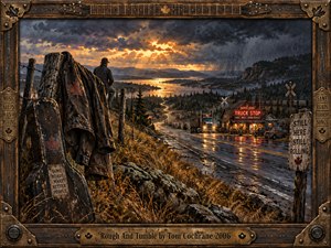 A lone traveler surveys a rain-soaked Canadian highway winding past a glowing truck stop toward distant mountains. A weathered leather jacket and guitar case symbolize endurance and restless journeys. Dramatic storm clouds frame a fiery sunset, while richly textured oil brushwork and an ornate wooden guitar-themed frame evoke rugged determination.