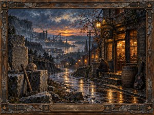 A rain-slick road winds through a rugged quarry town at dusk, past weathered stone and a warmly glowing tavern. A solitary man rests outside while distant cranes fade beneath stormy blue clouds and an amber sunset. Rich oil textures, golden reflections, and a carved musical frame evoke resilience and belonging.