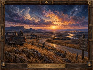 A solitary traveler sits on a weathered pickup overlooking a winding prairie road, distant city lights, and a fiery sunset. Indigo skies, stars, and dramatic clouds illuminate golden fields and shimmering water. Rich oil brushstrokes convey longing, adventure, and hope, surrounded by an ornate, guitar-inspired wooden and bronze frame.