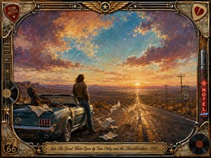 A lone traveler stands beside a vintage convertible on a desert highway, gazing toward a glowing city beneath a vast sunset sky. Warm gold, turquoise, violet, and rust tones create a nostalgic, hopeful mood. Painterly textures, windblown maps, an acoustic guitar, Route 66 details, and an ornate music-themed frame enrich the cinematic composition.