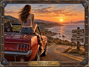 A windblown young woman sits atop a vintage red convertible overlooking a sweeping coastal highway at sunset. Warm gold, orange, and ocean blue tones create a hopeful, nostalgic mood, while dramatic natural light, distant city silhouettes, guitar-inspired framing, weathered roadside signs, and handcrafted details evoke restless freedom and classic American rock.