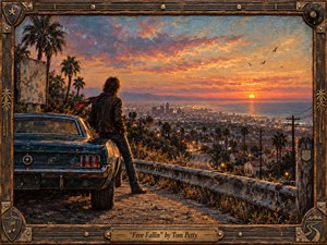 A solitary figure leans against a weathered classic car above a sprawling California city at sunset, evoking freedom, longing, and restless reflection. Warm oranges, dusty blues, and glowing streetlights create cinematic depth, while textured painterly surfaces, palm trees, winding roads, and a rugged guitar-inspired frame reinforce the songs open-road melancholy.