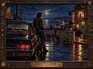 A solitary man leans against a rain-slicked black car overlooking a moonlit coastal town, watching a warmly lit woman in a motel balcony window. Deep blues, amber neon, wet reflections, palm silhouettes, and expressive oil-like textures create a brooding, cinematic mood of longing, distance, and emotional resignation.