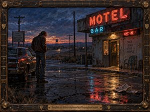 A solitary man stands beside a dark vintage car outside a weathered roadside motel and bar at dusk, surrounded by wet pavement reflecting red and blue neon. Deep blues, rust tones, and amber light create a brooding, introspective mood. Painterly textures, telephone poles, distant headlights, and a handcrafted guitar-themed frame enrich the scene.