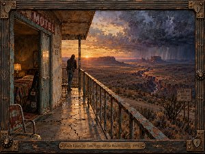 A lone figure stands on a weathered motel balcony overlooking a fractured desert beneath a gathering storm. Warm amber sunset fades into bruised violet and slate clouds, creating uneasy contrast. Thick, textured paint, cracked surfaces, worn wood, bronze hardware, and guitar-inspired frame details give the scene a rugged, handmade character.