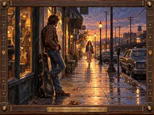 A young man waits outside a glowing guitar shop as a woman approaches along a rain-slicked city street at sunset. Warm amber lights reflect across wet pavement beneath a violet-orange sky, creating a hopeful, romantic mood. Painterly textures, vintage cars, streetlamps, guitars, and a handcrafted musical frame enrich the nostalgic composition.