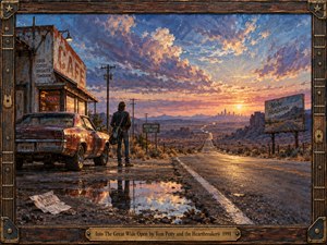 A lone musician stands beside a weathered car on a desert highway, gazing toward a distant city beneath a blazing sunset. Rich oranges, blues, and purples create a hopeful yet uncertain mood. Textured painterly brushwork, reflective puddles, cracked pavement, roadside signs, and a rugged guitar-inspired wooden frame add depth and character.