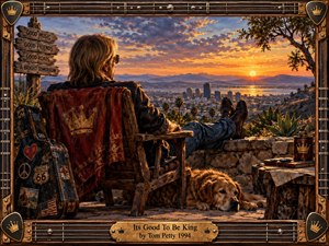 A relaxed musician lounges above a glowing city at sunset, accompanied by a resting golden dog and weathered guitar case. Warm amber, rust, and blue tones create a reflective, quietly triumphant mood. Detailed painterly textures, road-worn objects, desert plants, and a guitar-inspired frame reinforce themes of freedom, success, and contentment.