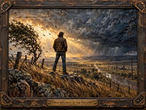 A lone man stands firmly on a windswept hillside above a long rural highway, facing dark storm clouds split by radiant golden light. Textured, painterly brushwork gives the landscape rugged depth, while weathered wood, bronze framing, bent grass, distant birds, and dramatic skies create a resolute, defiant, hopeful mood.