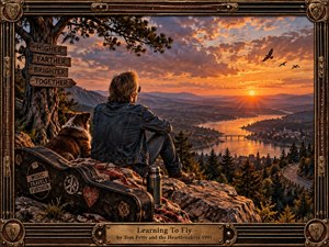 A denim-clad traveler and his dog overlook a glowing river valley at sunset, surrounded by rugged cliffs, winding roads, distant mountains, and soaring birds. Warm gold, orange, and violet light creates a reflective, hopeful mood. A weathered guitar case, rustic signposts, and an ornate handcrafted frame reinforce the nostalgic Americana style.