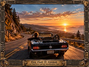 A lone driver in a vintage convertible follows a winding mountain highway toward a radiant coastal sunset, with a weathered guitar case suggesting restless freedom and musical memory. Warm amber light, deep blue shadows, rugged cliffs, distant city silhouettes, and a handcrafted guitar-string frame create a cinematic, nostalgic atmosphere of liberation and possibility.