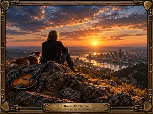 A solitary musician and loyal dog rest on a rocky summit overlooking a sprawling river city at sunset. Warm amber light cuts through dramatic clouds, illuminating the guitar, rugged stone, and winding roads below. The cinematic realism, deep shadows, ornate guitar-inspired frame, and engraved brass title plate create a reflective, triumphant mood.