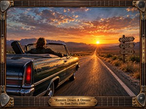 A vintage convertible speeds along an endless desert highway toward a blazing sunset, carrying a lone traveler and guitar case beneath dramatic clouds. Warm gold, amber, blue, and chrome reflections create an adventurous, nostalgic mood. Photorealistic detail, distant mesas, weathered roadside signs, and a guitar-inspired wooden frame reinforce restless freedom and open-road determination.