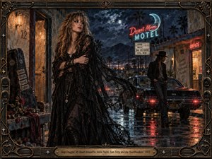 A mysterious woman in flowing black lace stands outside a rain-soaked desert motel while a shadowed musician lingers near a classic car. Neon reds, icy blues, and warm amber reflections heighten the tense, nocturnal mood. Rich oil-and-encaustic textures, stormy skies, wilted roses, and an ornate rock-inspired metal frame deepen the emotional atmosphere.