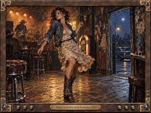 A spirited woman dances across a worn roadhouse floor as a shadowy band plays behind her. Warm amber stage lights contrast with cool moonlit blues outside the open door, creating a bittersweet, resilient mood. Rich painterly textures, scuffed wood, glowing jukebox light, vintage details, and a handcrafted guitar-inspired frame deepen the nostalgic Americana atmosphere.