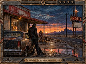 A solitary figure in a worn leather jacket stands beside a weathered vintage car at a deserted roadside stop, facing a glowing desert horizon. Deep blue storm clouds, amber sunset light, rusted motel neon, wet reflections, and receding telephone poles create a moody, cinematic atmosphere within a distressed metal-and-bronze rock-inspired frame.