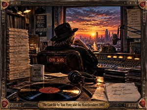 A solitary radio DJ sits in a worn studio overlooking a glowing city sunset, surrounded by vinyl records, analog equipment, handwritten notes, and a watchful cat. Warm amber light contrasts with deep shadows, creating a defiant, nostalgic mood. The richly textured, painterly scene is enclosed by a rugged musical frame.