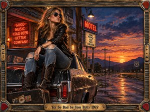 A defiant woman in sunglasses, leather jacket, torn jeans, and boots sits atop a weathered vintage car beside a roadside motel at sunset. Fiery orange skies reflect across wet pavement, balancing gritty blues and blacks. Richly textured painted detail, neon signs, distant mountains, and a guitar-themed frame create rebellious Americana.