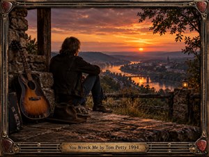 A solitary long-haired man sits on a rugged stone overlook at sunset, gazing across a winding river and distant town. Warm orange light contrasts with deep blues and browns, creating a reflective, restless mood. A weathered guitar, hat, lantern, and ornate guitar-inspired frame add tactile, vintage rock character.