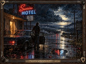 A lone figure stands beside an open car at a rain-soaked roadside motel, watching a winding highway disappear beneath breaking storm clouds. Red and blue neon reflections shimmer across wet pavement, contrasting with warm doorway light. Thick painterly textures, scattered petals, distant taillights, and guitar-inspired framing create a bittersweet, cinematic sense of departure and emotional change.