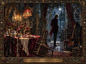A solitary figure stands in a decaying Victorian conservatory, framed by moonlit gardens, wilted roses, abandoned tea service, candles, a guitar, and a watchful black cat. Warm amber light contrasts with cool blue moonlight, creating a theatrical, melancholic mood. Rich oil textures, crimson velvet, tarnished gold, and ornate framing heighten the surreal elegance.
