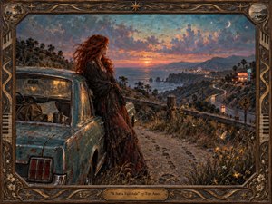 A red-haired woman leans against a weathered turquoise car overlooking a winding coastal highway at sunset. Warm coral, blue, and amber light fills the nostalgic scene, where ocean cliffs, a glowing motel, distant mountains, and a dreamlike castle merge into a wistful, romantic oil-painted vision framed with ornate carved details.