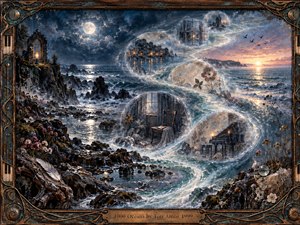 A moonlit ocean winds through a dreamlike coastal landscape, carrying translucent memory spheres filled with a piano, empty chair, flowers, windows, and distant homes. Cool blues and silver light mingle with warm sunset gold, creating a reflective, mournful atmosphere framed by ornate weathered metalwork and delicate natural details.