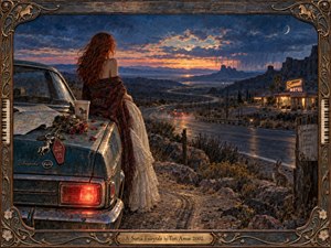 A red-haired woman rests against a weathered car beside a winding desert highway at twilight, overlooking distant mesas and a glowing roadside motel. Deep blues, amber sunset light, rain clouds, wildflowers, and reflective pavement create a bittersweet, dreamlike mood. Painterly textures and ornate framing suggest memory, longing, and uncertain departure.
