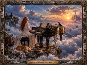 A red-haired pianist in a flowing ivory dress plays a weathered grand piano on a rocky island floating above luminous clouds. Golden sunset light warms the dreamlike sky, distant towers, waterfalls, balloons, raven, flowers, and resting dog. Ornate piano-key framing enhances the romantic fantasy realism and reflective mood.